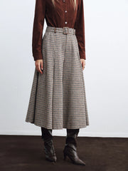 High-Waist Belted Houndstooth Wide-Leg Pants