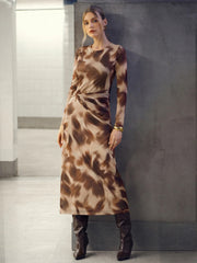 Abstract Print Twisted Mesh Midi Dress