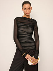 Sheer Mesh Ruched Long-Sleeve Top