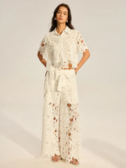 Lace Crochet Cut-Out Top and Wide-Leg Pants Set