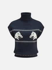 Horse-Pattern Cap Sleeve Turtleneck Sweater Vest