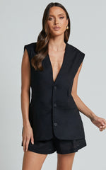 Marlee Two Piece Set - Linen Button Through Vest and Shorts Set in Black