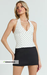 Amani Top -  Recycled Halter Plunge Neck Polkadot Top in White