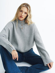 Button Detail Stand Collar Casual Sweater