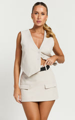 Melinda Top- Recycled Tailored Button Through Vest Top in Stone