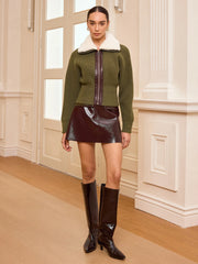 Faux Fur Collar Zip-Front Knit Outerwear