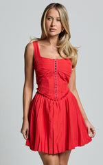 Adana Mini Dress - Fit and Flare Eyelet Corset Detail Mini Dress in Red