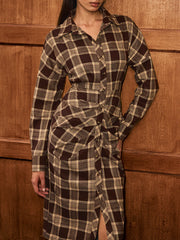 Ruched Button-Front Plaid Shirt Dress