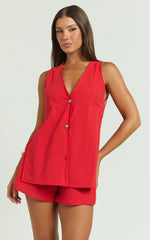 Devon Two Piece Set - Open Side Detail Top & Short Linen Look Set in Red