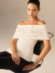 Off-Shoulder Knit Top with Crystal Embellishments