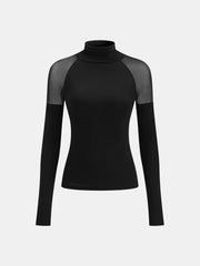Sheer Mesh Shoulder Turtleneck Long Sleeve Top