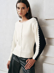 Contrast-Panel Stitch-Trim Knit Top