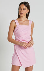Abby Mini Dress - Straight Neck Wide Strap Wrap Dress in Pink