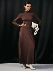 Mock Neck Corset Waist Long Sleeve Maxi Dress