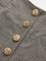 High-Waist Button Detail Plaid Wide-Leg Pants