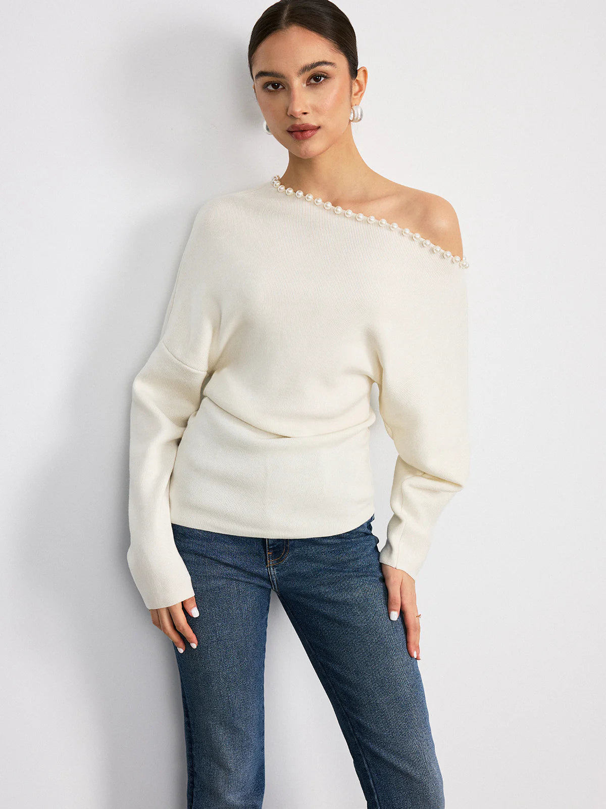 Off-Shoulder Pearl Embellished Wool Blend Sweater
