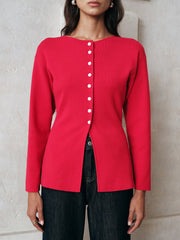 Button-Front Long Sleeve Knit Top