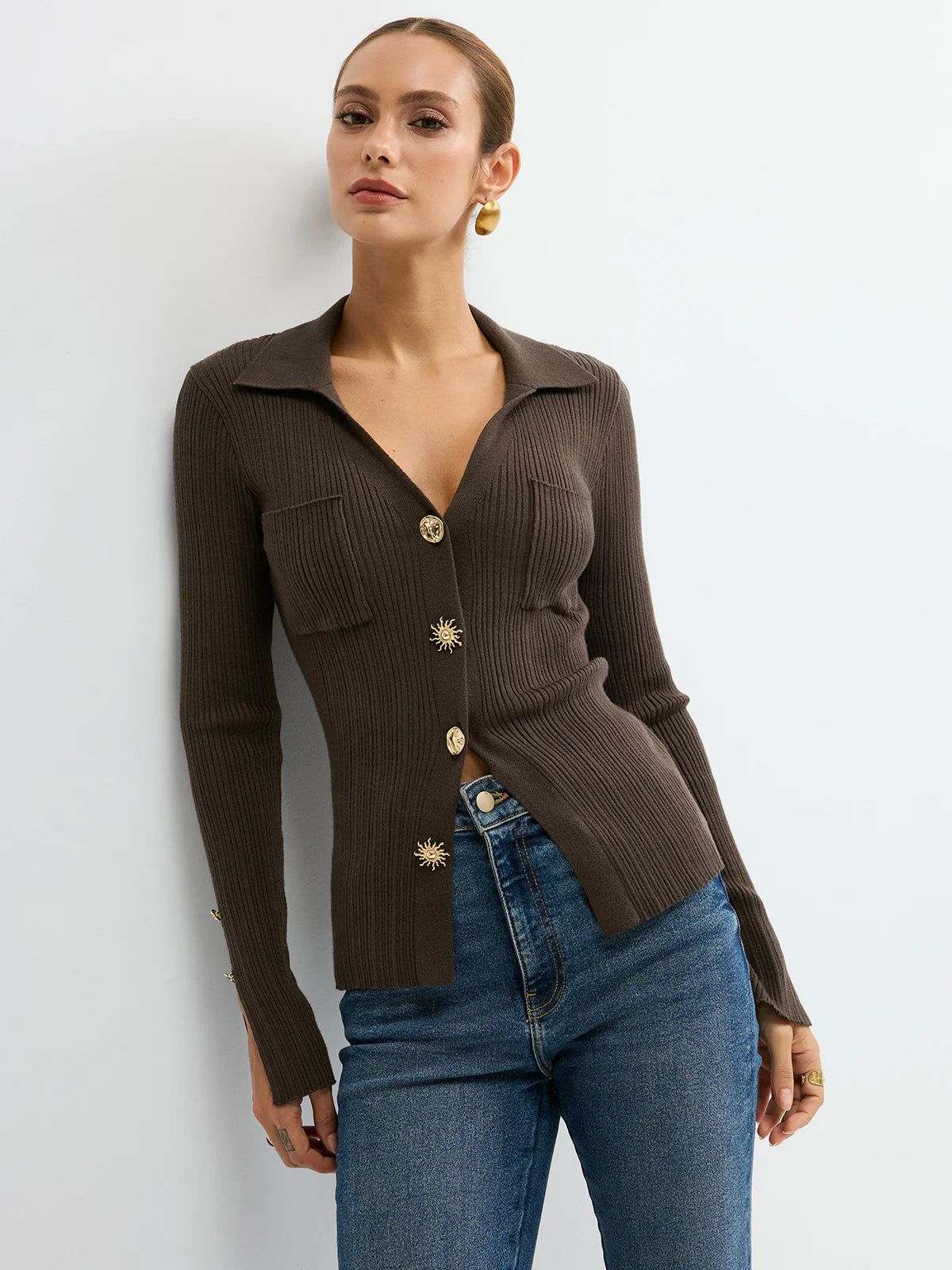 Polo Neck Ribbed Knit Top