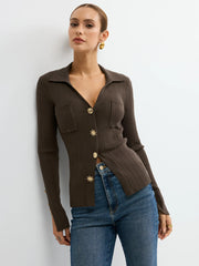 Polo Neck Ribbed Knit Top