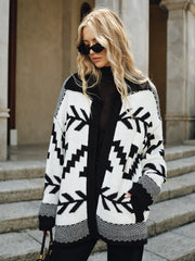 Geometric Pattern Collared Knit Cardigan without Belt