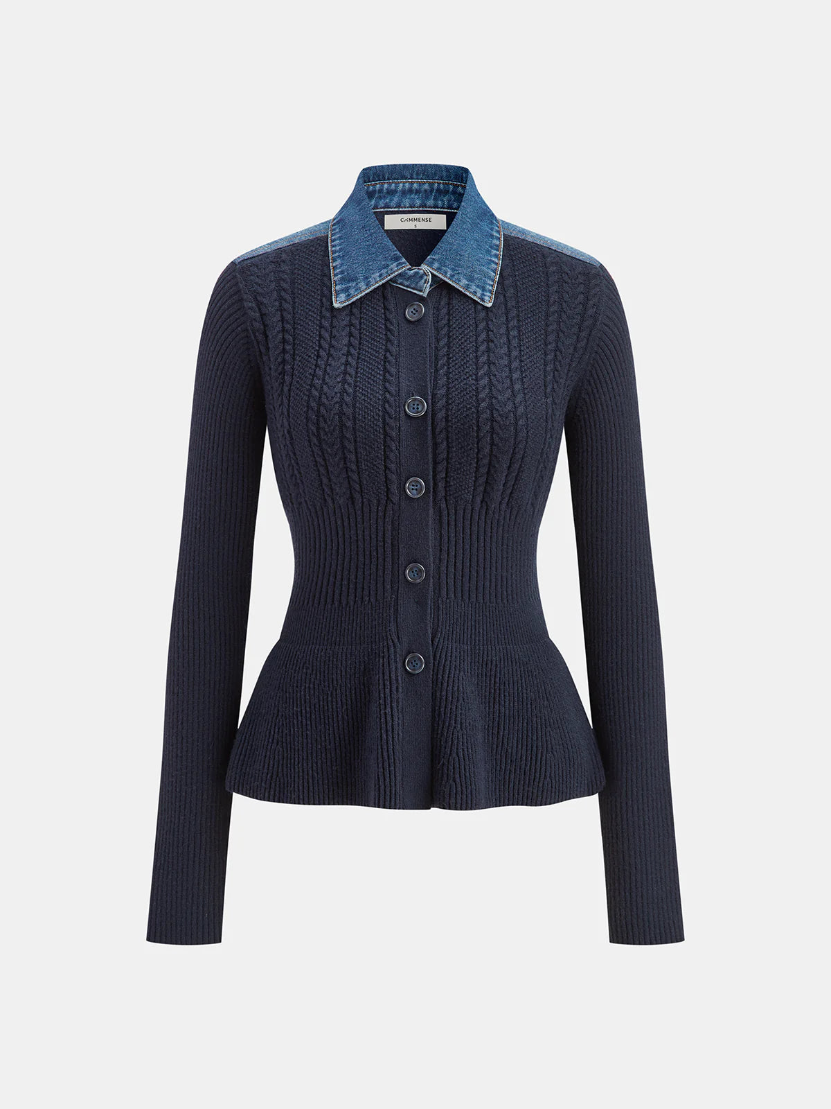 Denim Collar Cable Knit Button-Front Peplum Cardigan