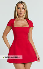 Yuna Mini Dress - Cap Sleeve Open Back Fit And Flare Tulip Dress in Red