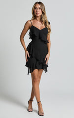 Zaria Mini Dress - Asymmetric Frill Detail Mini Dress in Black