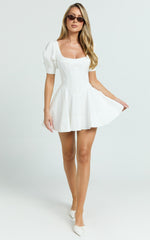 Emma Mini Dress - Scoop Neck Sleeved Corset Drop Waist Circular Skirt Dress in Off White
