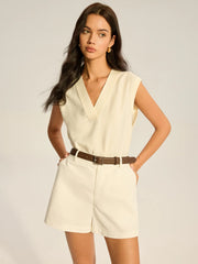 Sleeveless V-Neck Top with Piped Trim