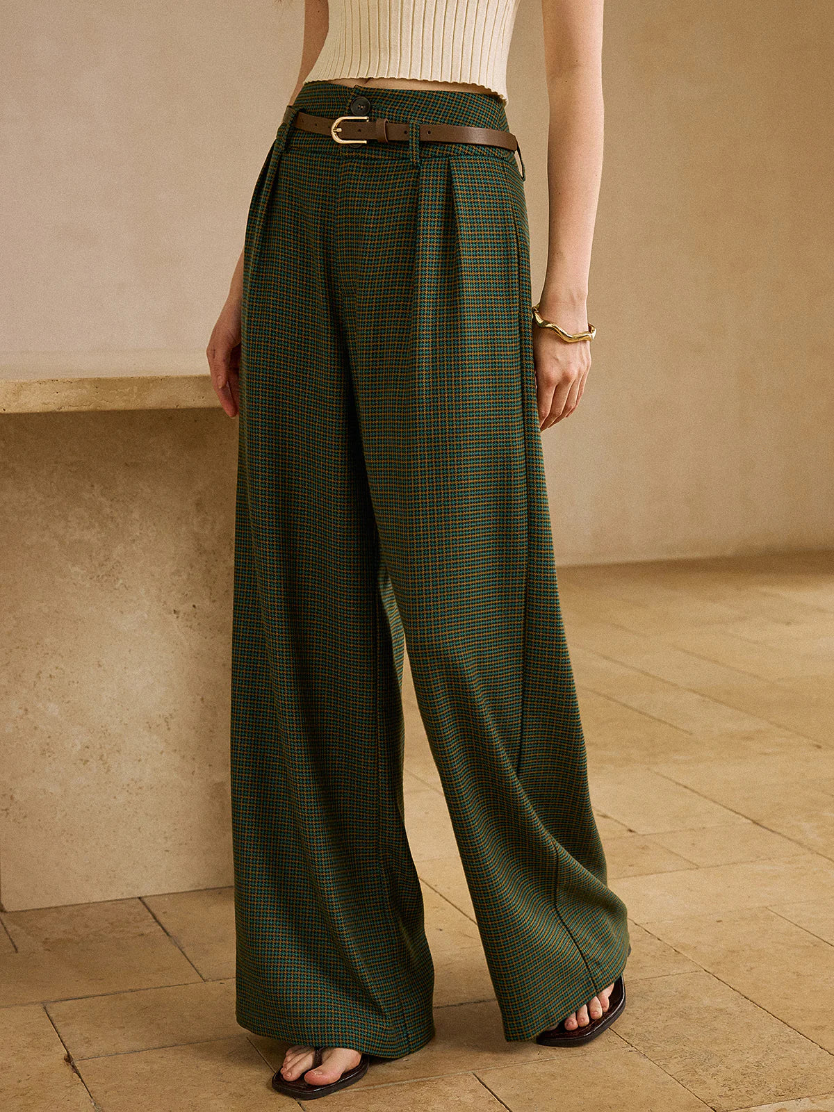 Vintage Plaid High-Waisted Pants with Belt