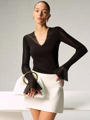 Sheer Paneled Bell Sleeve Knit Top