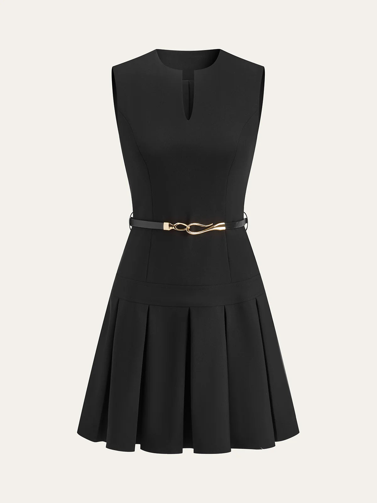 Sleeveless Keyhole-Neck Belted Pleated Mini Dress