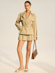 Cotton Blend Belted Double-Breasted Trench Coat