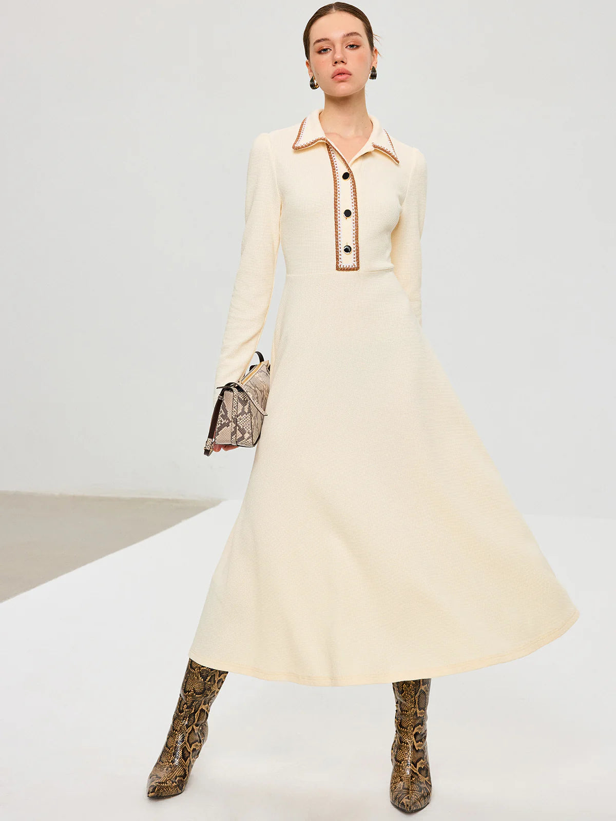 Contrast Trim Collared Midi Dress