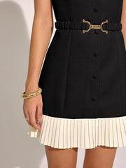 Contrast Pleated Hem Sleeveless Belted Mini Dress