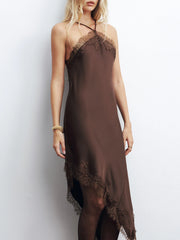 Lace Trim Satin Asymmetric Backless Midi Dress