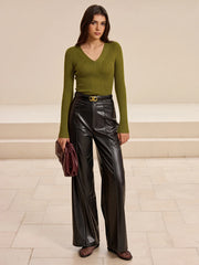 V-Neck Ribbed Fitted Long Sleeve Knit Top