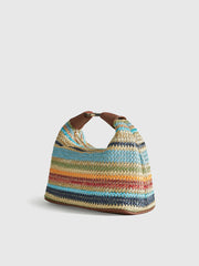 Color-Block Striped Straw Handbag with Leather Strap