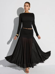 Draped Long Sleeve Top and Mesh Pleated Skirt Set