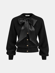 Bow Detail Metal Button Knit Cardigan