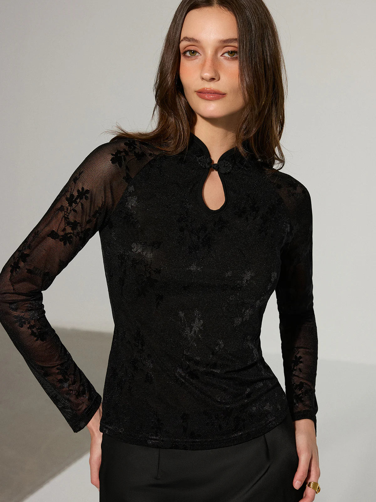 Mandarin Collar Floral Lace Long Sleeve T-Shirt