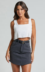 Adan Mini Skirt - Recycled Cotton Frayed Hem Denim Skirt in Black