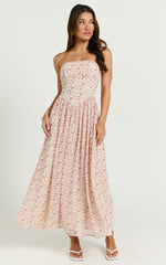 Amie Midi Dress - Strapless Full Skirt Midi Dress in Rosy Floral