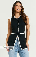 Callie Top - Longline Recycled Knitted Vest in Black/White