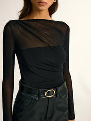 Mesh Panel Ruched Long Sleeve Bodysuit