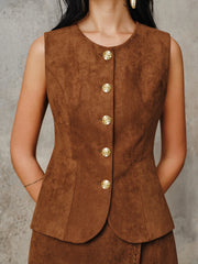 Suede Effect Metal Button Vest