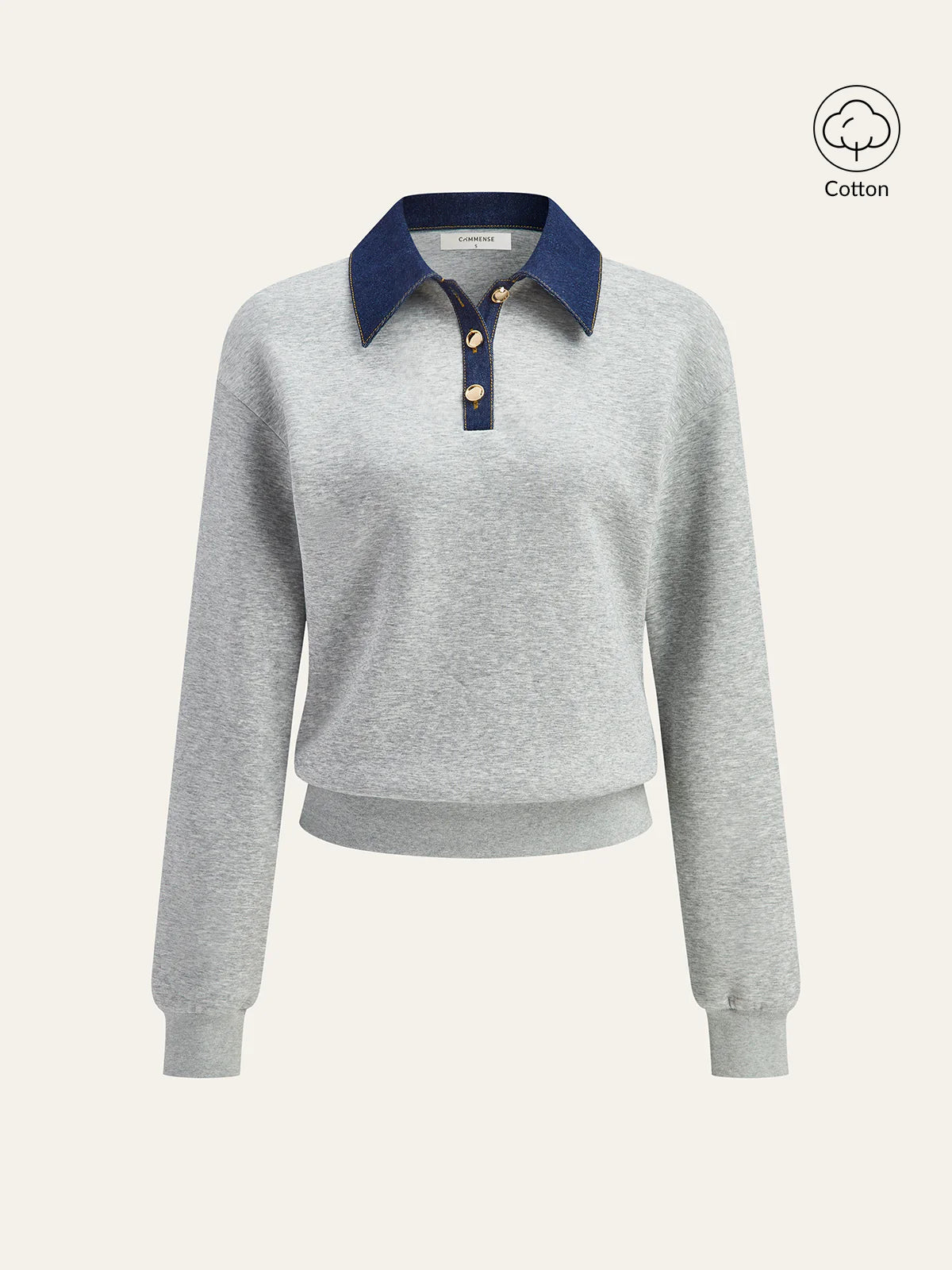 Denim Collar Metal Button Polo Sweatshirt