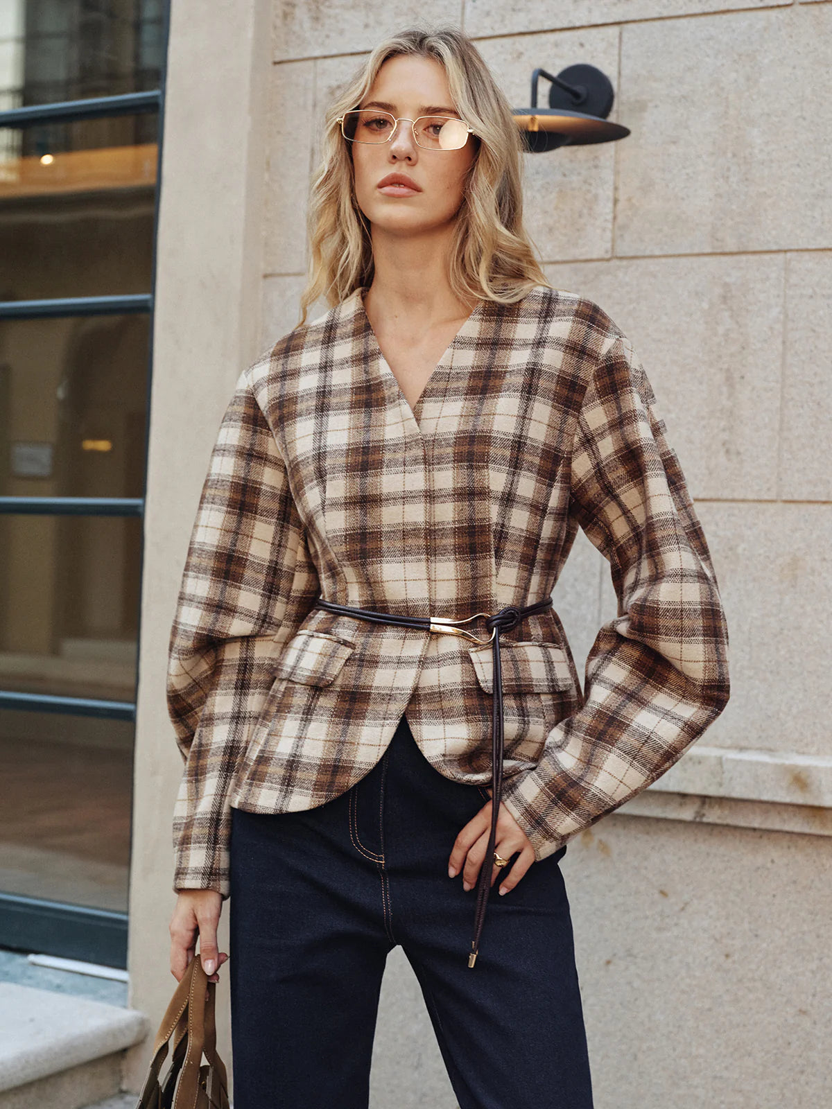 Belted Plaid Tweed Coat