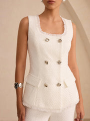 Tweed Fringe Trim Button Vest