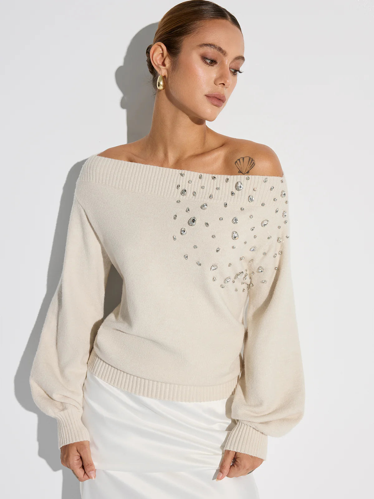 Rhinestone-Embellished Off-Shoulder Sweater